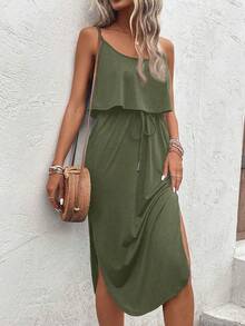 SHEIN LUNE Women Solid Color Ruffle Hem Side Slit Camisole Dress - Army Green - View 4