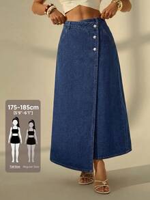 SHEIN Tall 女款鈕扣休閒日常牛仔裙 - 藍色 - 查看 3
