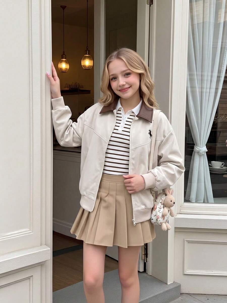 Tween Girls Long Sleeve 1pc Young Girls American Collegiate Style Light Apricot Jacket With Dark Brown PU Leather Collar, Front Zipper Closure - Khaki - View 1