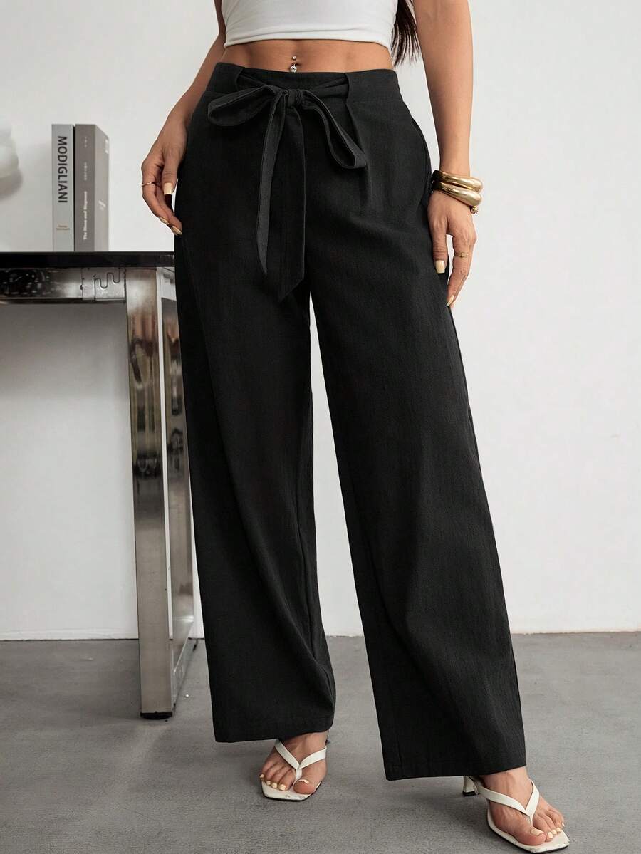 SHEIN PETITE 女款黑色長褲,純棉,秋冬款 - 黑色 - 查看 1