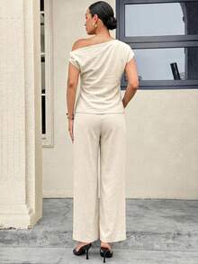 MaterniWear 孕婦純色單肩時尚夏季寬鬆極簡設計兩件套 - 杏色 - 查看 2