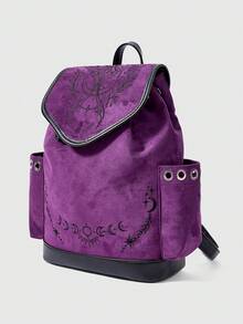 ROMWE Grunge Punk Gothic Witch Embroidery Backpack Moonworm Fern Plant Extract Backpack, Suede Drawstring Fringed School Bag - Purple - View 2