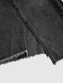 SHEIN MOD 女款休閒性感牛仔裙，前開衩不對稱下擺，藍色 - 黑色 - 查看 4