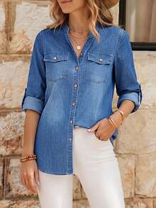 EMERY ROSE Blusa casual de denim con cuello recortado para mujer - Azul lavado medio - Ver 1
