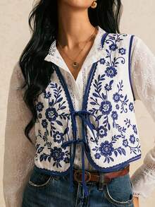 Poéselle 女款花卉刺繡前綁帶度假背心 - 白色 - 查看 4