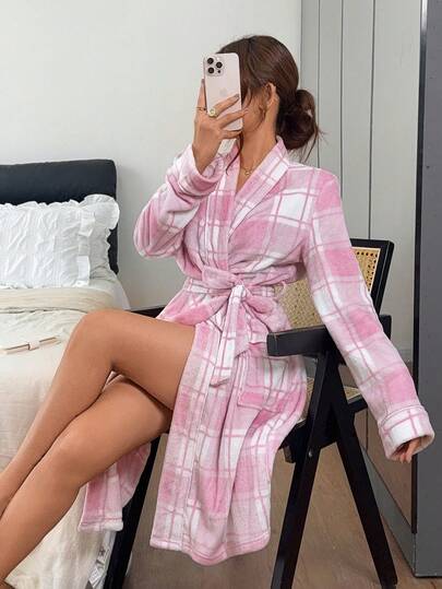 Napfluff Women's Plush Robe, Autumn/Winter Mid-Length Long Sleeve Pink Plaid Cute Loungewear
