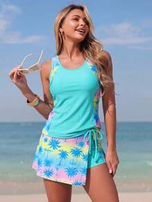 Swim Lushoire 女款新款時尚印花修身顯瘦海灘度假泳衣套裝，適用溫泉度假村 - 彩色 - 查看 3