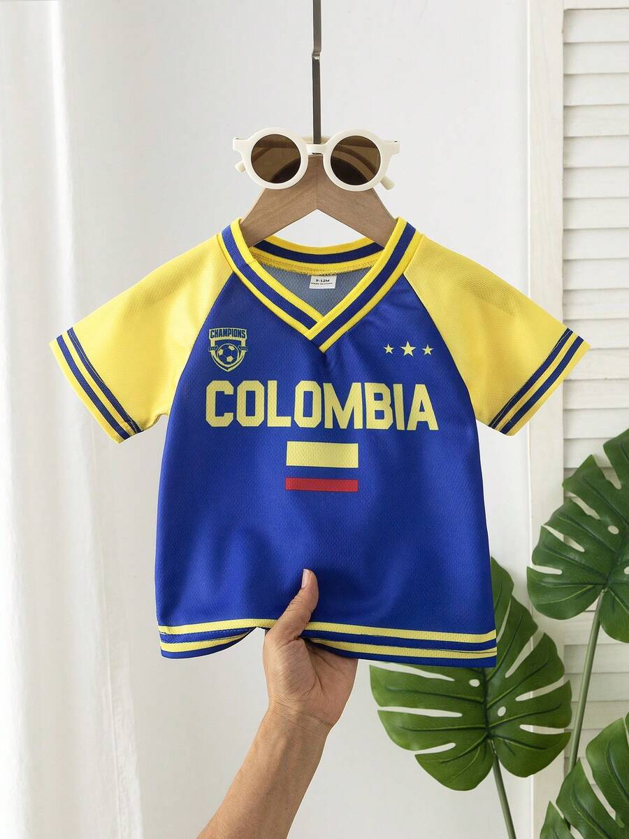 SHEIN Baby Boys 1 Piece Vintage Loose Sporty V-Neck Number 91 Pattern Short Sleeve Colorblock Top, Soft Comfortable Fashionable Sporty Casual Style Suitable For Spring/Summer Outdoor Sports Play Vacation Daily Travel - Blue - View 1
