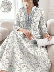SHEIN Najma 紫色和蓝色碎花V领开衩长袖连衣裙，女士春夏休闲长款碎花连衣裙 - 彩色 - 查看 1