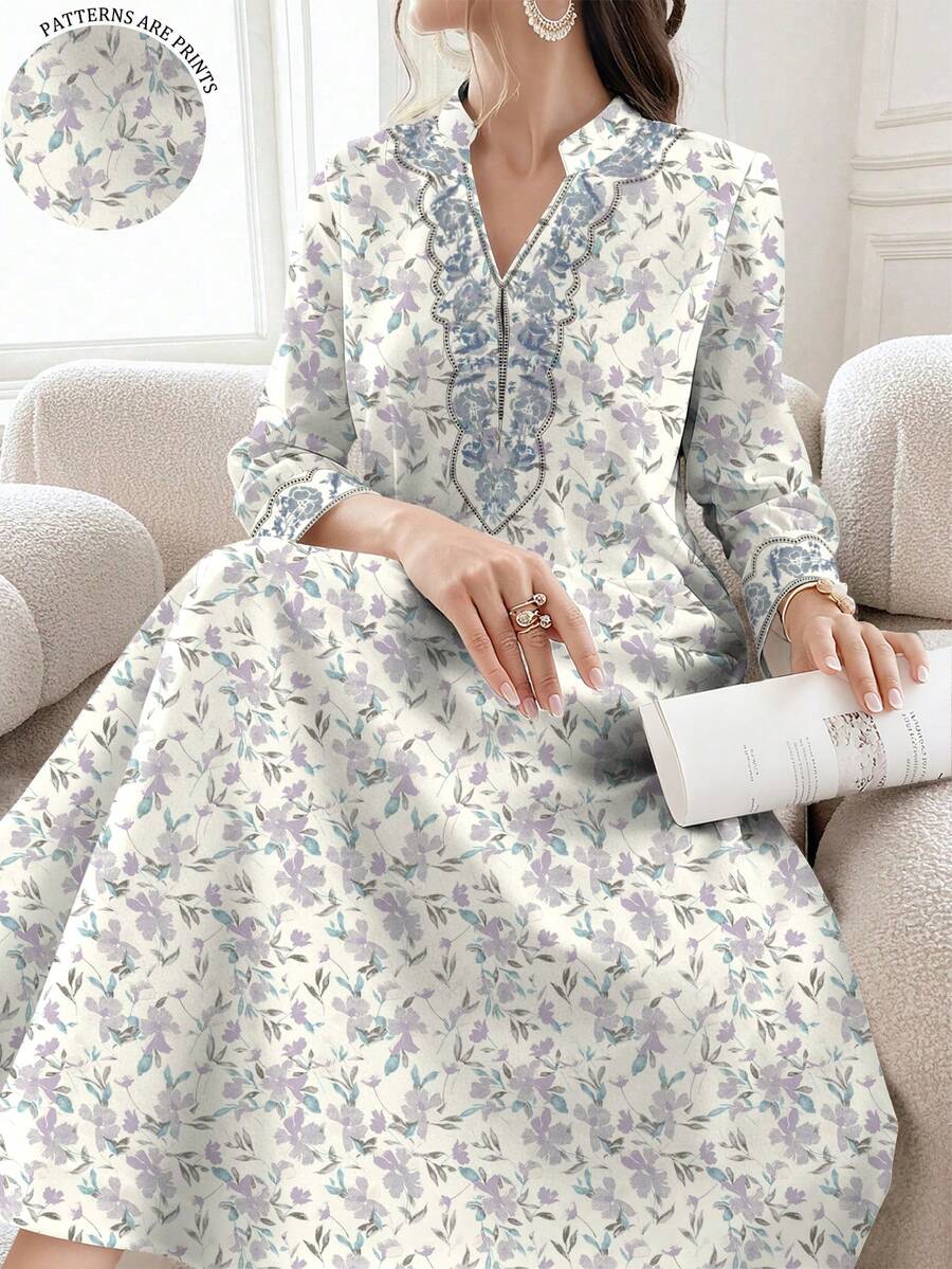 SHEIN Najma 紫色和蓝色碎花V领开衩长袖连衣裙,女士春夏休闲长款碎花连衣裙 - 彩色 - 查看 1