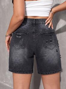 SHEIN PETITE Celana Pendek Denim Kasual Wanita untuk Sehari-hari dengan Saku, Kancing, dan Desain Lusuh (Jorts) - Hitam - View 9