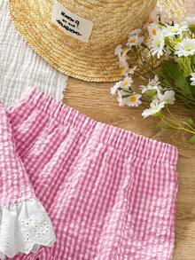 Emery Rose Kids Emery Rose Kids 女童格紋蝴蝶結裝飾荷葉邊背心上衣與長褲套裝 - 淺粉色 - 查看 6