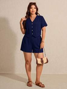 Elaquor Plus Size Women's Solid Color Single-Breasted Short Sleeve Shirt And Shorts Casual 2-Piece Set - Navy Blue - View 2
