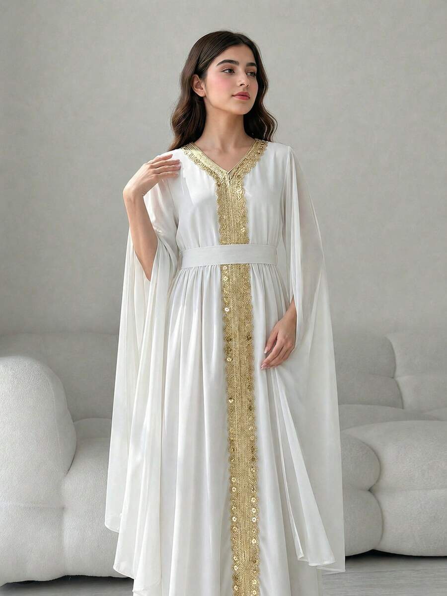SHEIN 女童白色长袖连衣裙，袖口开衩设计，金色滚边缎带装饰，优雅迷人，适合假日、派对、春夏穿着。