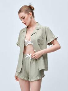 Softvol 纯色荷叶边领短袖短裤家居服套装（女士） - 薄荷綠 - 查看 5