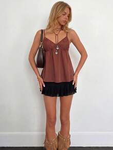 Sundraya Women's Lace Patchwork Casual Sexy Versatile Party Golf Camisole Pastal Summer - Coffee Brown - View 6