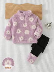 SHEIN Baby Girls Pink Fuzzy Jacket With Flower Pattern Half Zip Design For Fall Winter - Pink - View 3