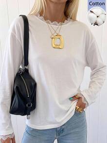 SHEIN EZwear 白色針織女款圓領長袖對比蕾絲T恤 - 白色 - 查看 11