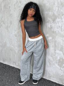 Pantalones rectos básicos esenciales de cintura elástica en gris francés, estilo casual deportivo de calle para niñas preadolescentes en verano - Gris - Ver 5