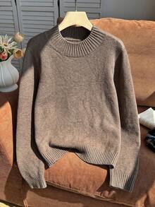 Comfortcana Plus-Size Casual Baggy Retro Simple Pullover Stand Collar Sweater Brown Fitted Slimming Autumn Thanksgiving Formal Graduation Vacation - Brown - View 3