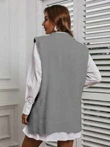 EURMUSE 1pc Solid Color Sweater Vest - Grey - View 2