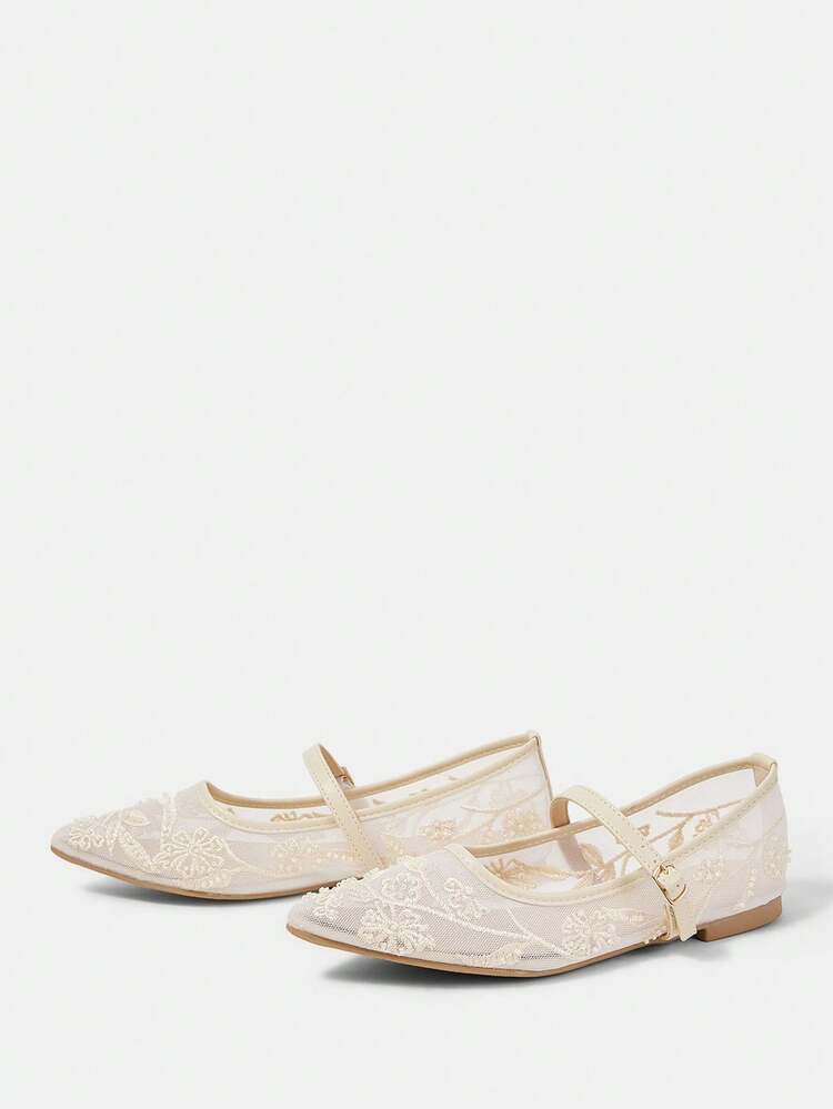 CUCCOO HITCHD Women's Mesh Embroidery Beaded Design Square Toe Mary Jane Shoes, Simple Buckle, French Low Vamp Soft Sole Breathable Shoes - Apricot - View 3