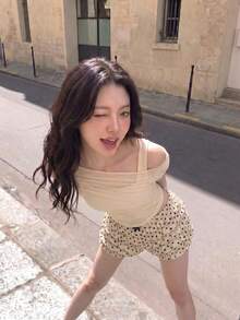 SHEIN MOD Áo ba lỗ màu trơn có lưới Sheer Apricot cho nữ - Màu be - Xem 3