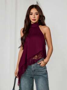 SHEIN PETITE 不對稱高領掛脖上衣，蕾絲飾邊，適合晚宴派對雞尾酒會 - 中紫紅色 - 查看 6