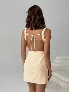 SHEIN EZwear 女士船领无袖露背系带夏季条纹编织连衣裙 女士连衣裙 女士夏季连衣裙 度假装 女士度假连衣裙 女士夏季套装 - 黃色 - 查看 2