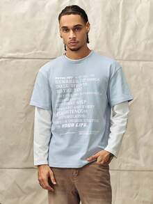 Norleigh Men's Knitted Fashion Casual Young Loose Long Sleeve T-Shirt With English Print Patchwork - Blue - View 6