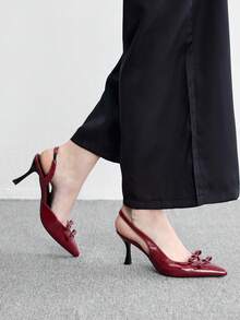 CUCCOO BIZCHIC Sandálias Slingback Femininas com Laço Duplo em V, Sapatos Slingback de Salto Agulha com Bico Fino, Saltos Altos Retrô Franceses Vermelhos Brilhantes, para Encontros e Jantares - Vermelho - Visão 3