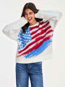 SHEIN كنزة صوفية كاجوال فضفاضة بطبعة علم أمريكي وياقة دائرية للاستخدام اليومي باللون الأبيض للخريف والشتاء - متعدد الألوان - مشاهدة 3