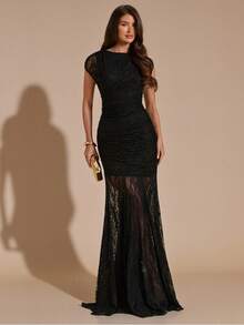 SHEIN BAE Black Lace Bodycon Elegant Fitted Ruched Dress, Black Lace Flowy Dress - Black - View 1