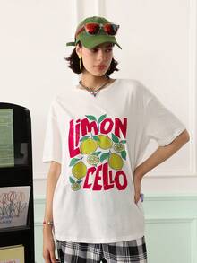 Chillnights Camiseta de cuello redondo con estampado de eslogan de limón, estilo streetwear casual, top de pijama para mujer - Blanco - Ver 4
