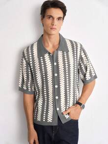 RONVEXI Men's Summer Hollow Knit Short Sleeve Polo Shirt, Casual 80s Open Front Knit Shirt Vacation Gray Vacation Vacation - Light Grey - View 3