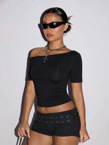 SHEIN ICON Y2K 女款萬聖節性感黑色純色修身百搭日常穿著短袖上衣 - 黑色 - 查看 7