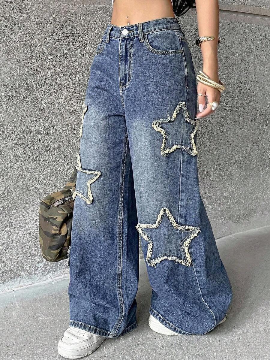 Coolane Teen Girls Rapper Athleisure Grunge Star Pattern Washed Jeans - Medium Wash - View 1