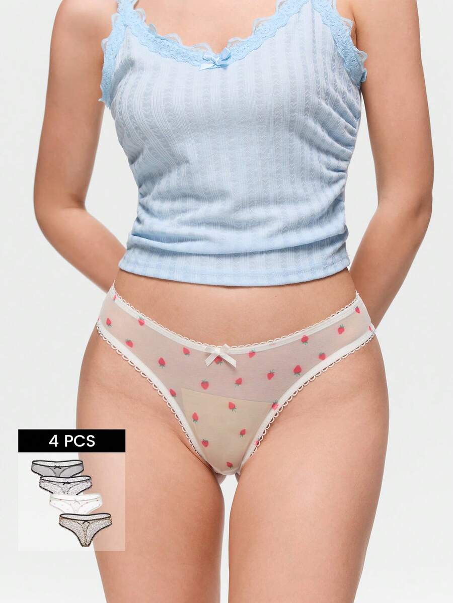 Bonmuse 5 pezzi/confezione Perizoma comodi da donna a tinta unita, con stampa a fragola, stampa leopardata, decorazione a fiocco - Multicolore - Visualizzare 1