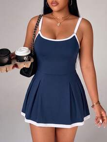SHEIN Rhythm Era Spring/Summer Women's Sports Dress, Tennis, Navy Blue Colorblock, Thin Adjustable Straps, Hemline, Built-In Shorts Pockets Pickleball - Multicolor - View 1