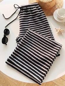 Comfortcana Women's Drawstring Waist Striped Casual Everyday Sweatpants - Black and White - View 1