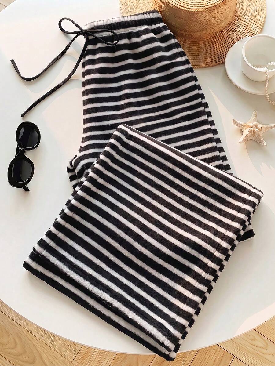 Comfortcana Women's Drawstring Waist Striped Casual Everyday Sweatpants - Black and White - View 1