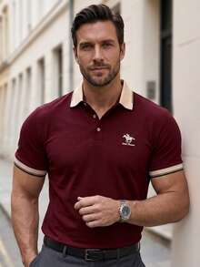 Manfinity Mode Men's Business Casual Ribbed Collar Short Sleeve Polo Shirt, Formal, Ceremony - Burgundy - View 3