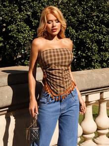 Sandy Gomes French Retro Plaid Fringe Bowknot Cropped Camisole Top Brown Summer - Brown - View 6