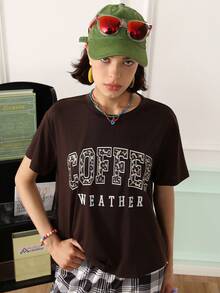 Chillnights Street Style Casual Leopard Print Slogan Crew Neck Wearable T-Shirt Women's Pajama Top - Coffee Brown - View 6