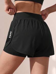 SHEIN Teen Girls Black Shorts, Casual Minimalist Yoga Wear, Tight High Elastic Fabric Comfortable Fit 4-Way Stretch, Built-In Four-Corner Safety Shorts, With Pockets Gym Shorts - Black - View 4