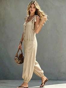 LUMIGAL Women's Casual Solid Color Tie Strap Jumpsuit - Apricot - View 5