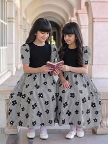 SHEIN Nova Glow 青少年女孩可愛幾何印花拼接短袖純色中長洋裝 - 黑色 - 查看 9