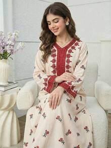 SHEIN 少女碎花V领长袖宽松连衣裙 - 彩色 - 查看 5