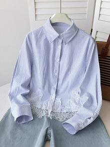 SHEIN Tween女孩優雅蕾絲裝飾返校百搭款 - 藍白色 - 查看 4