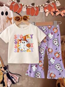 SHEIN Playful Pals 2件組女嬰休閒可愛日系萬聖節幽靈臉南瓜圖案短袖圓領T恤與鬆緊腰喇叭長褲套裝 - 紫色 - 查看 3